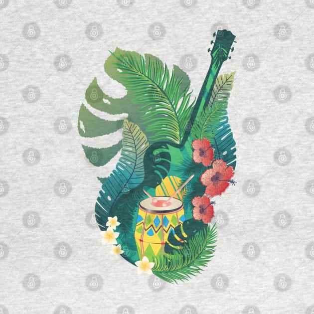 Retro guitar with drum and tropical leaves by AnnArtshock